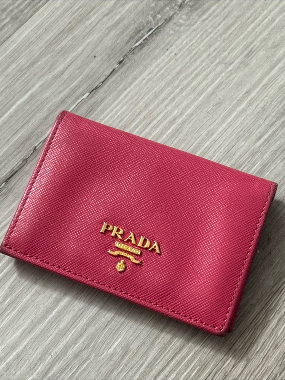 Prada Pink Saffiano Leather Card Case with Gold Logo